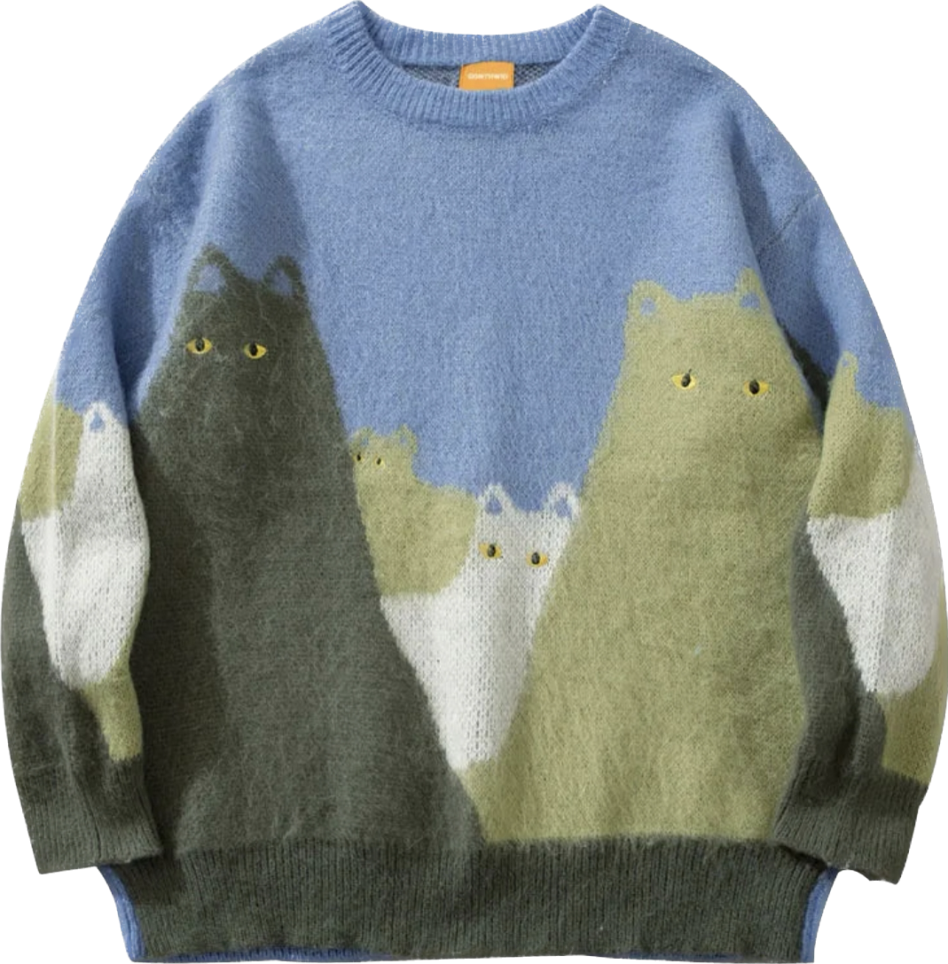 Cat Graphic Knitted Sweater Men Oversized